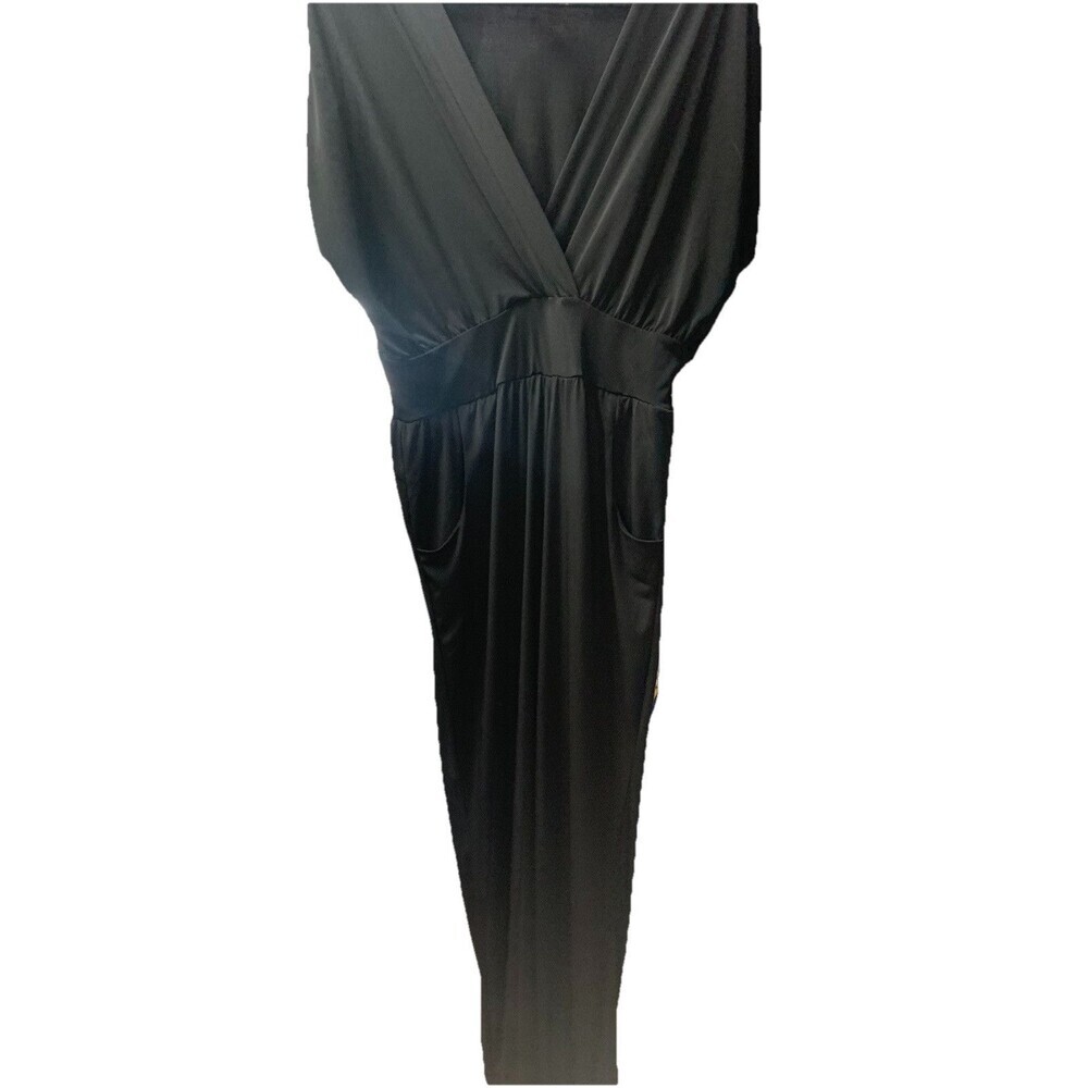 Lennie for Nina Leonard V-Neck Black Jumpsuit Pockets Stretchy Flattering Fit
